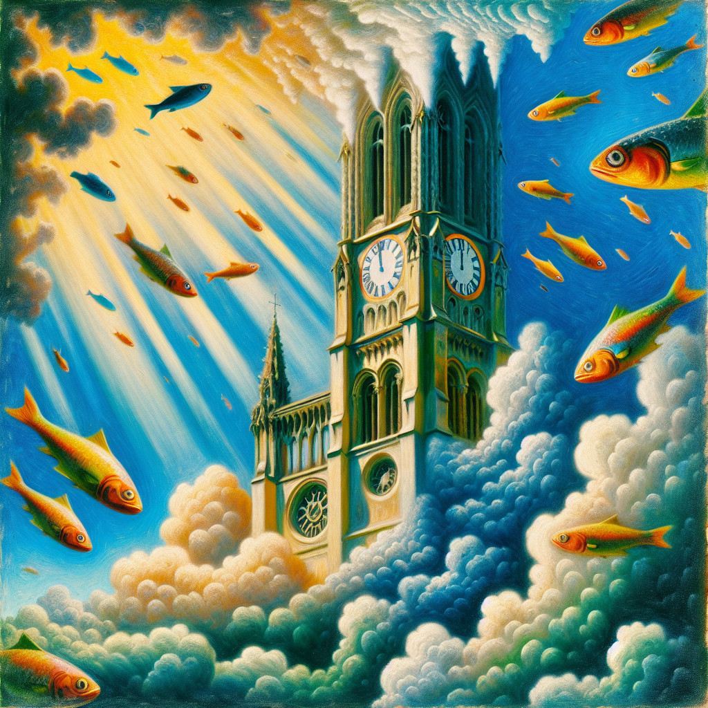 Surreal Clock Tower in Dreamlike Cloudscape Scene