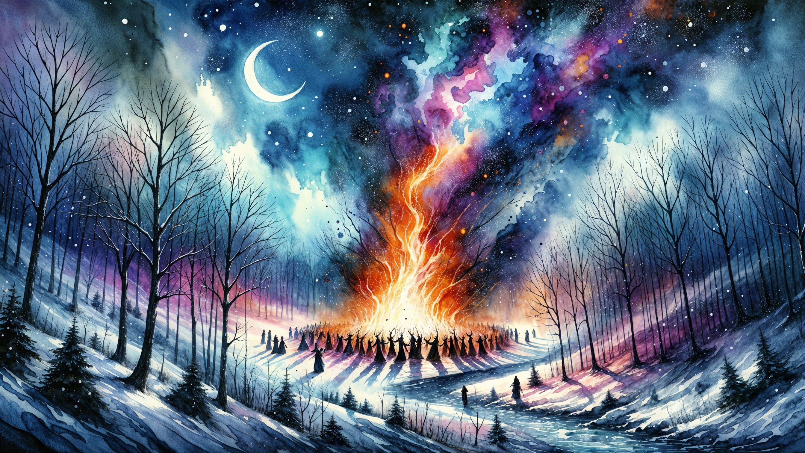 Winter Landscape with Bonfire and Cosmic Sky
