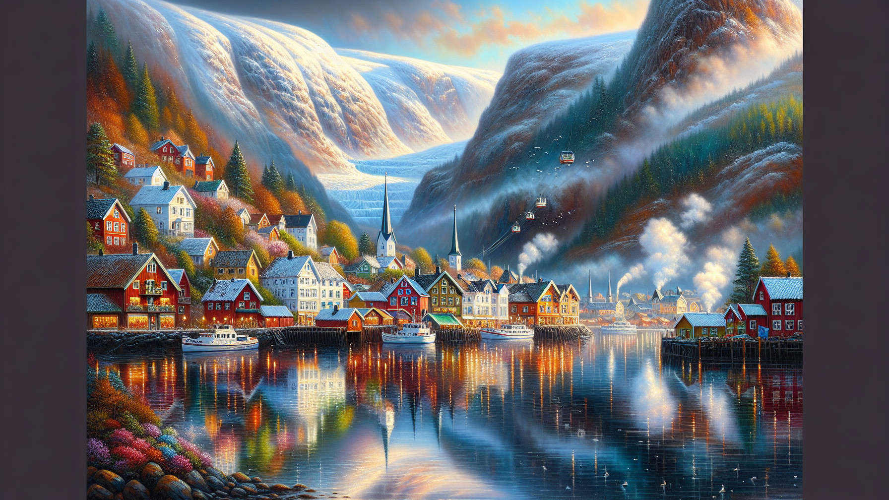Fjord Scene with Colorful Houses and Snowy Mountains