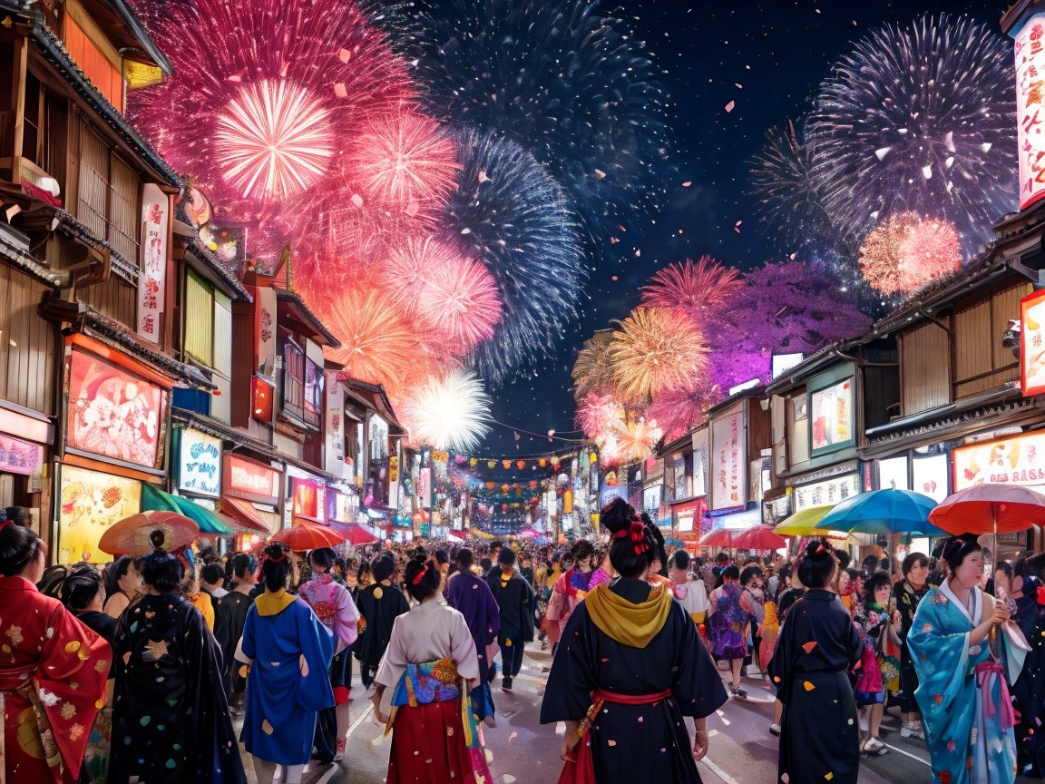 Vibrant Night Market with Traditional Clothing and Fireworks