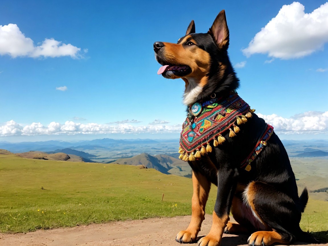 Dog on Hilltop with Colorful Shawl and Scenic View