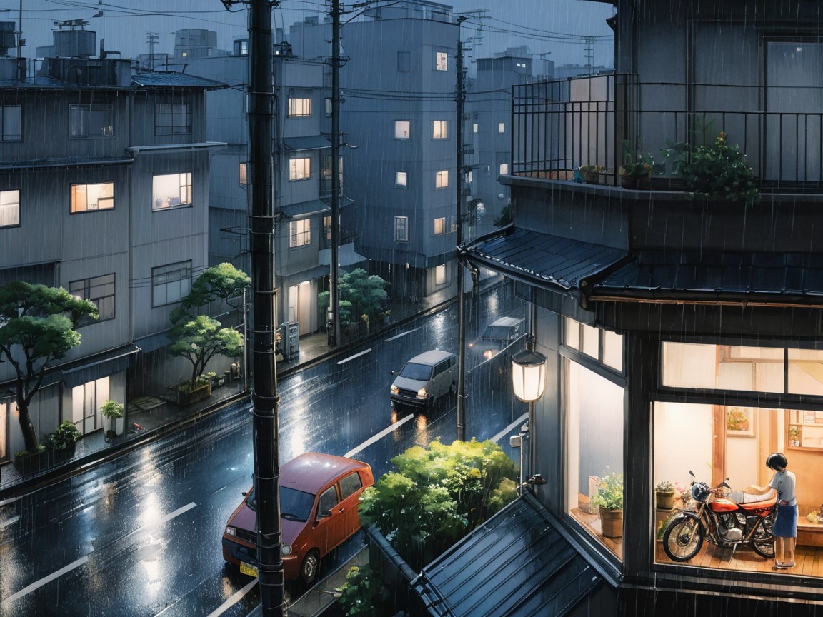 Rainy Urban Scene with Modern Buildings and Reflections
