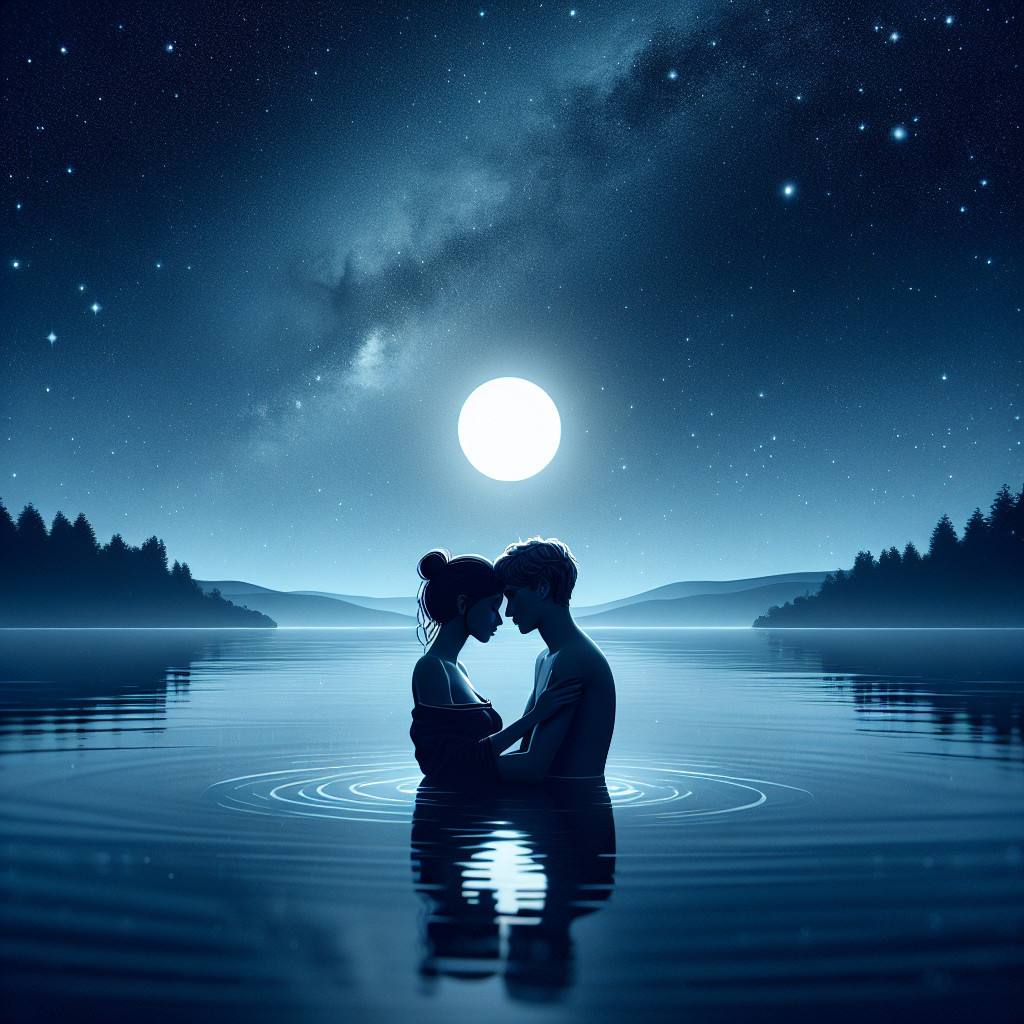 Couple Embracing in Calm Lake Under Full Moon