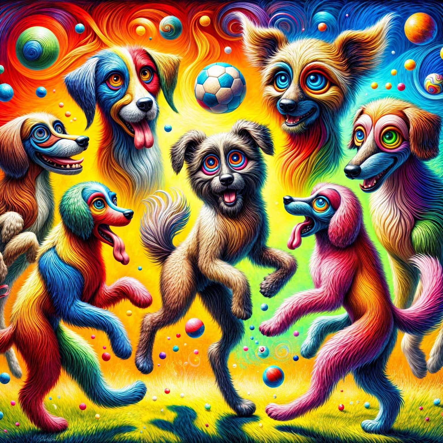 Playful Dogs in Colorful Whimsical Scene with Soccer Ball