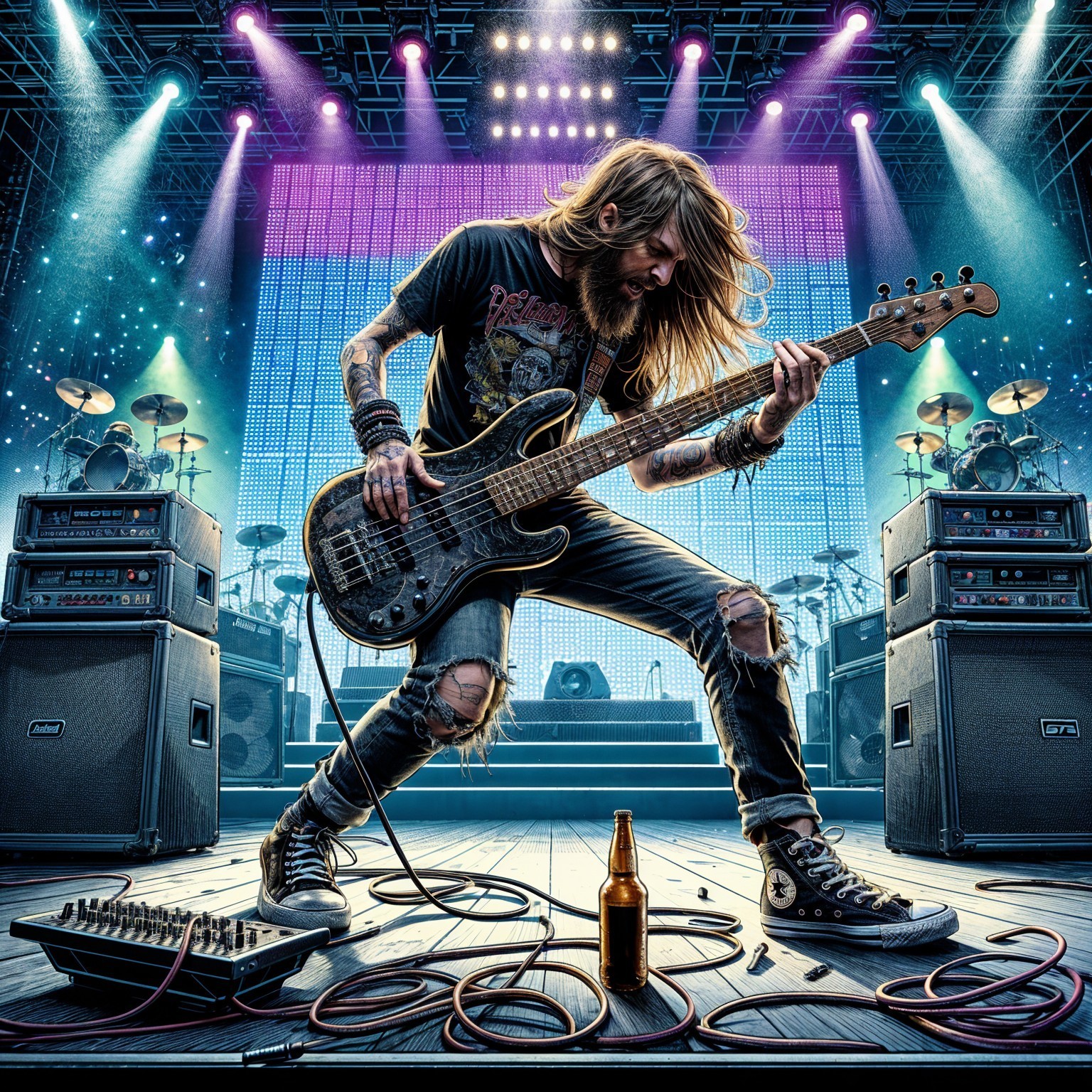 Energetic Bassist Performing on Stage with Amplifiers