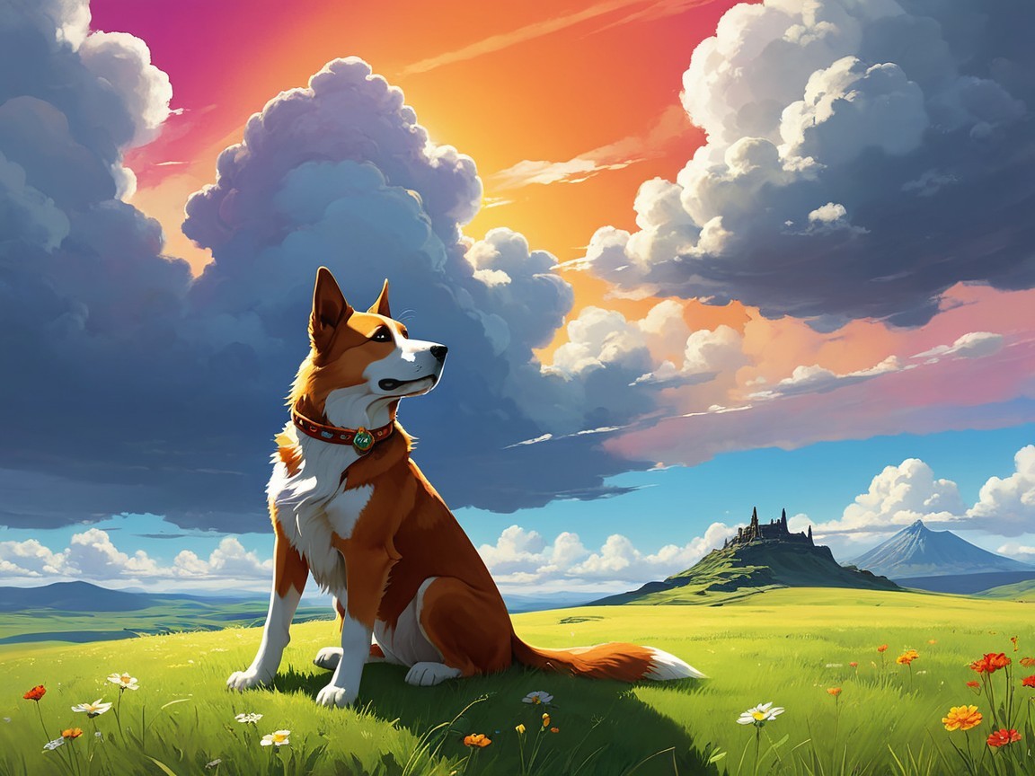 Majestic dog on green hill with sunset and castle