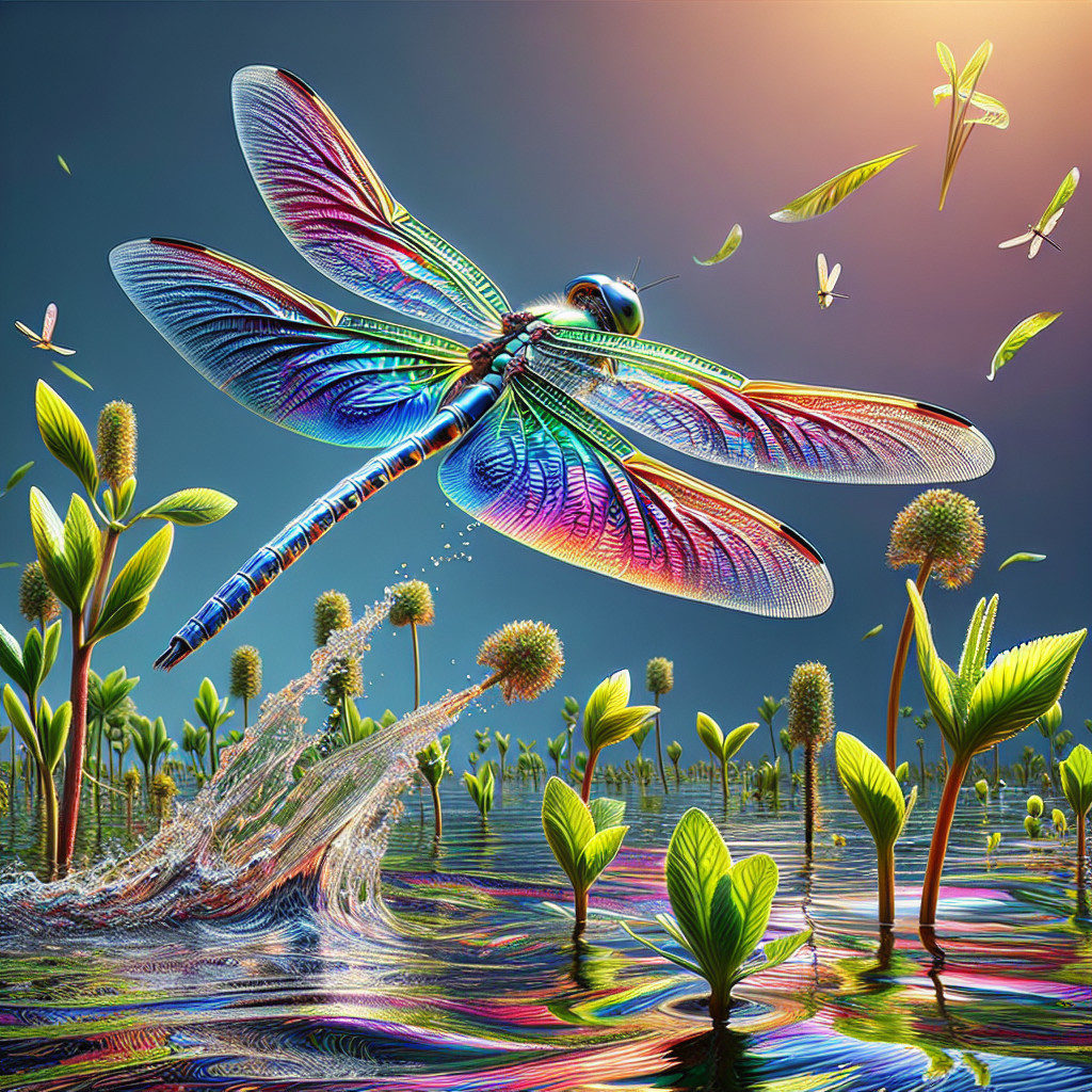 Vibrant Dragonfly Over Lush Green Plants and Water