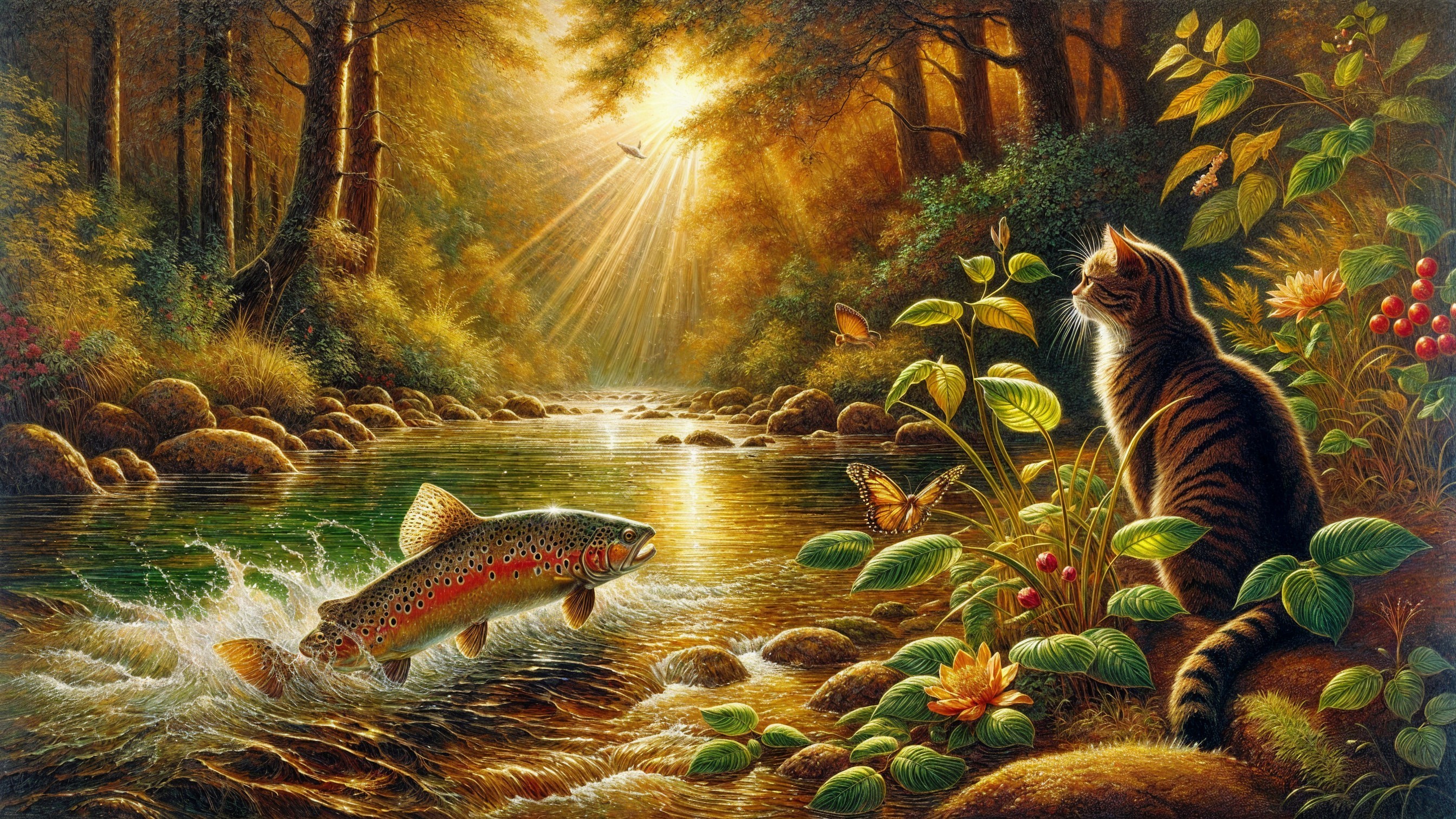 Tranquil Forest Scene by a Shimmering Stream