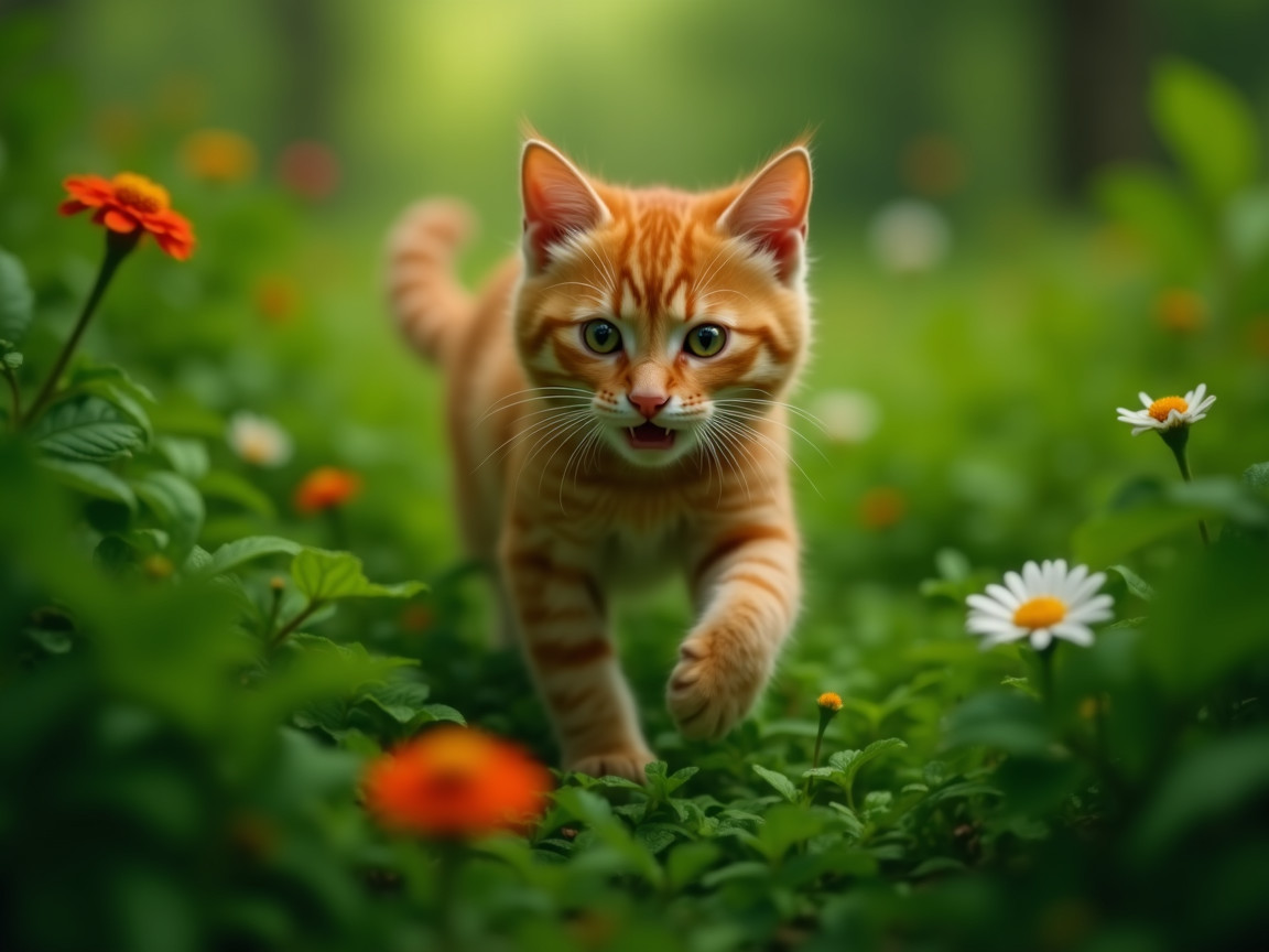 Playful Orange Tabby Kitten in Flower-filled Field