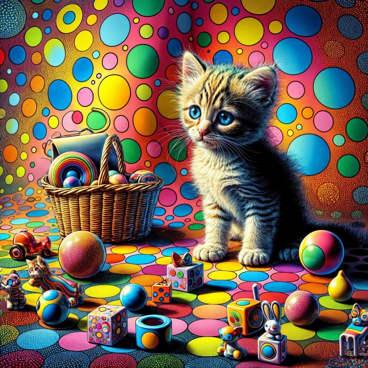 Playful Tabby Kitten with Colorful Toys and Basket