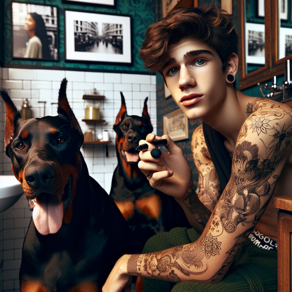 Young man with tattoos and Doberman dogs in cozy room