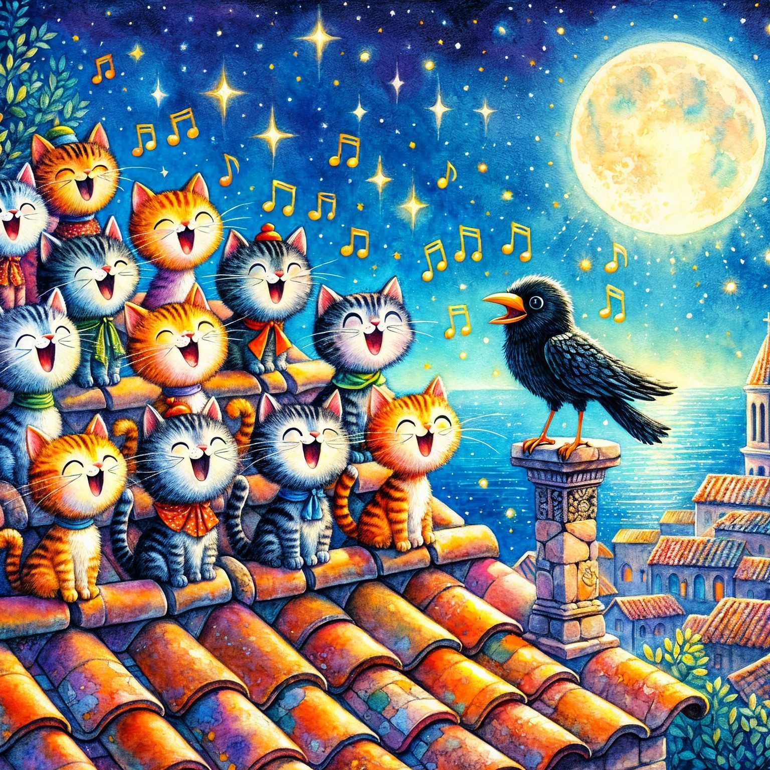 Cheerful Cats Singing on Rooftop Under Starry Sky