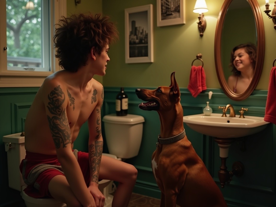 Young man in vintage bathroom with dog and woman