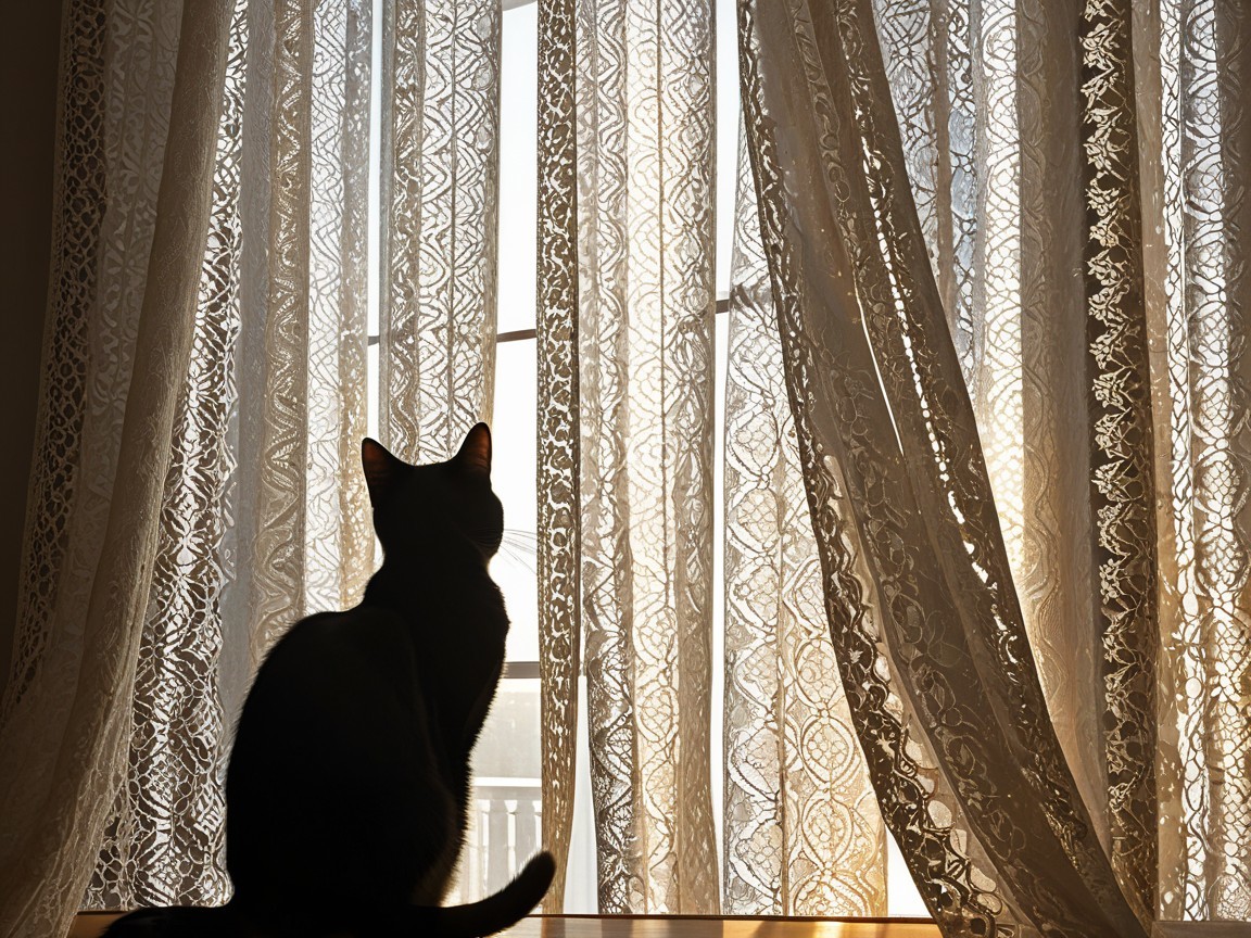 Silhouette of a black cat on a windowsill with lace curtains