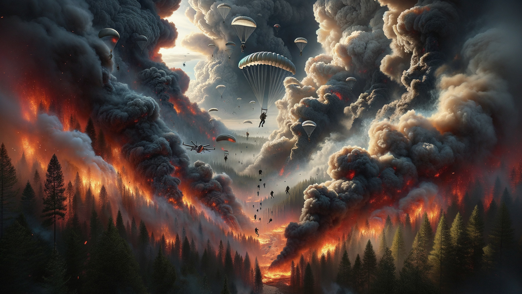 Parachutists Descend Through Smoke and Flames