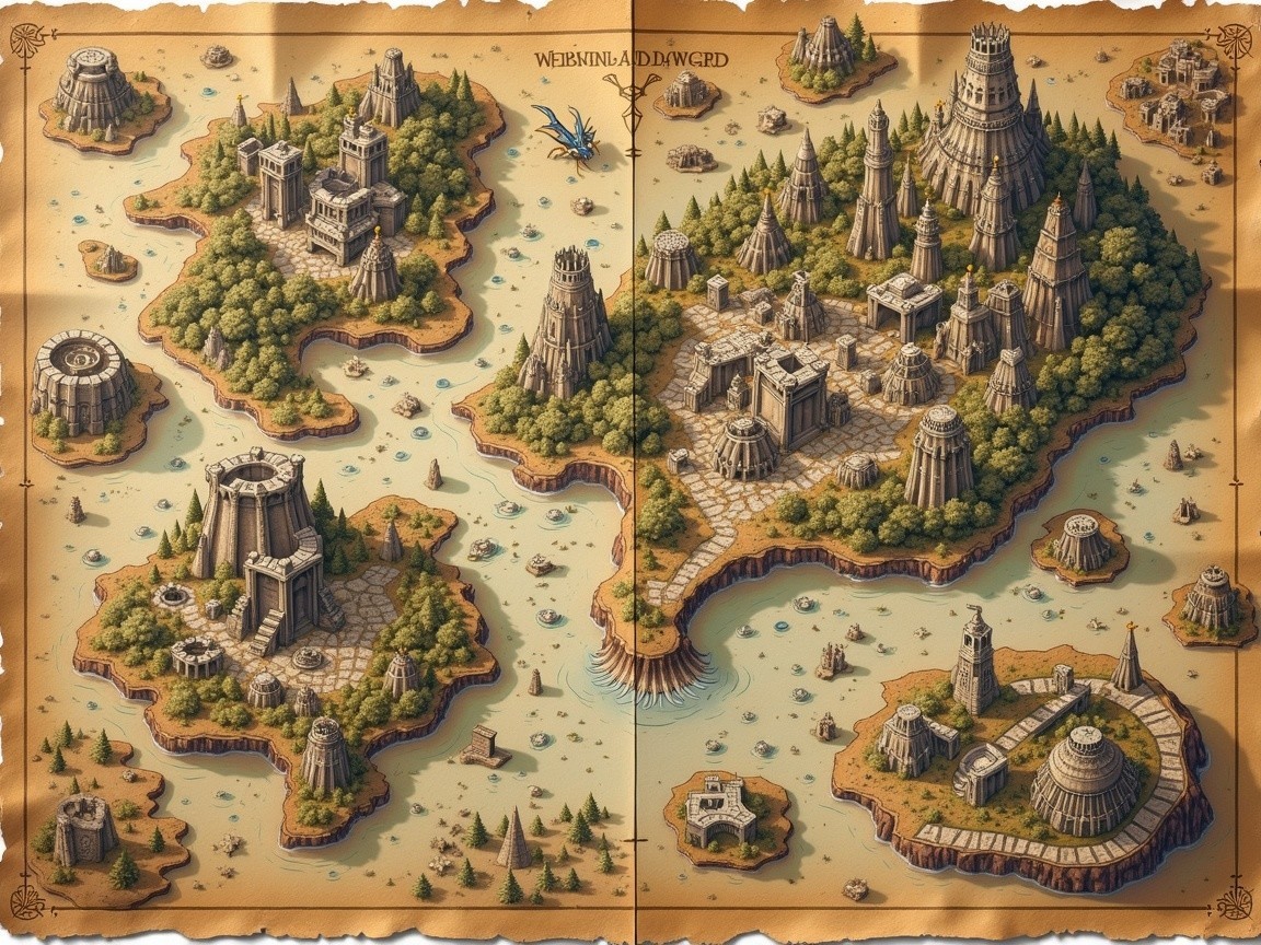 Ancient Map Depicting Two Distinct Regions with Ruins