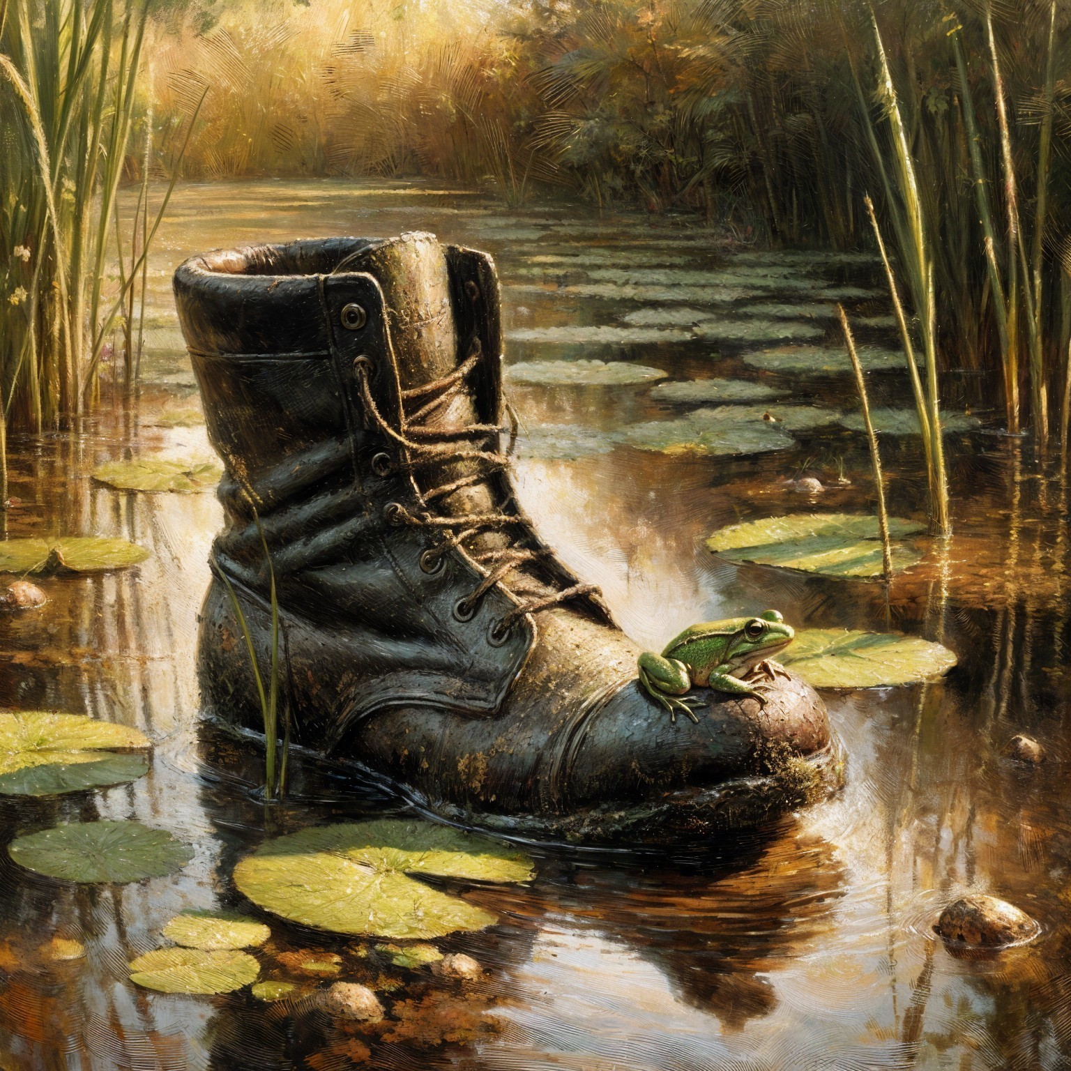 Weathered Black Boot in Tranquil Pond with Frog
