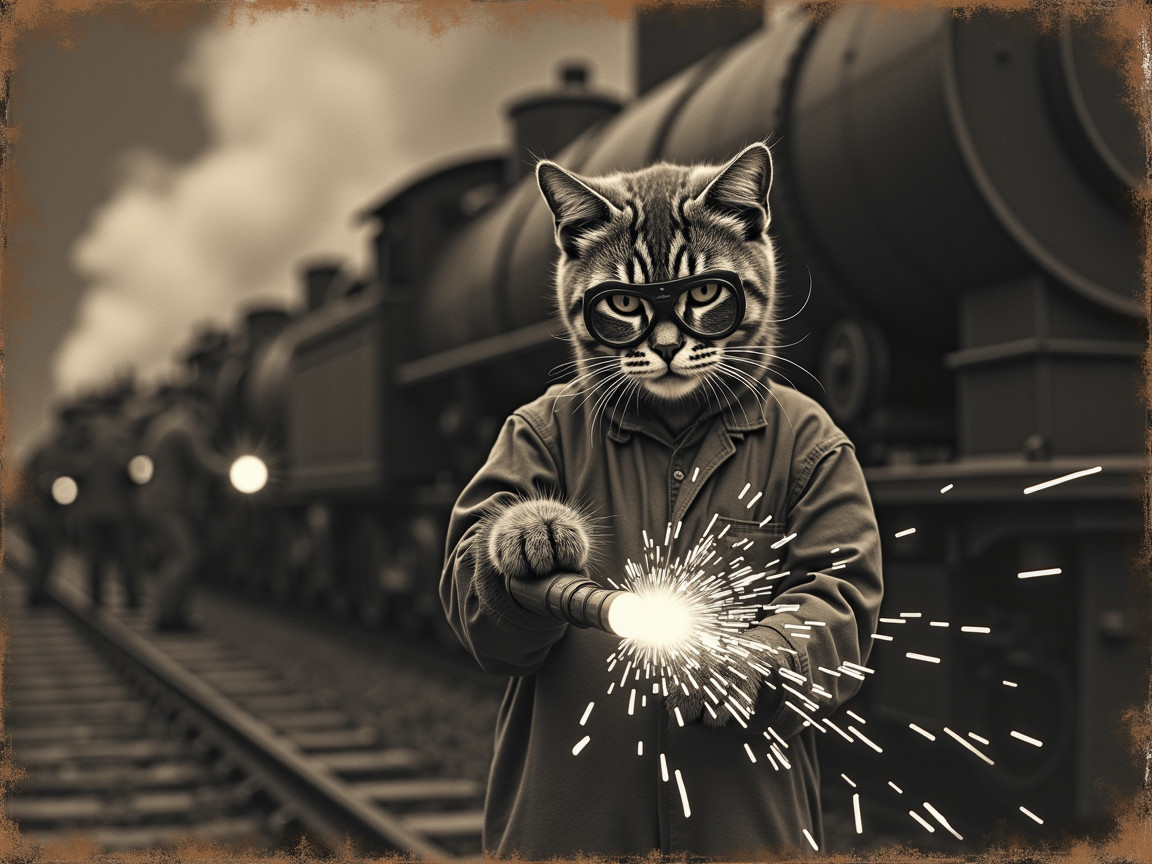 Whimsical Cat Welding with Vintage Trains Backdrop