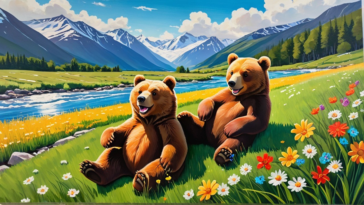 Bears Relaxing in a Colorful Meadow by a River