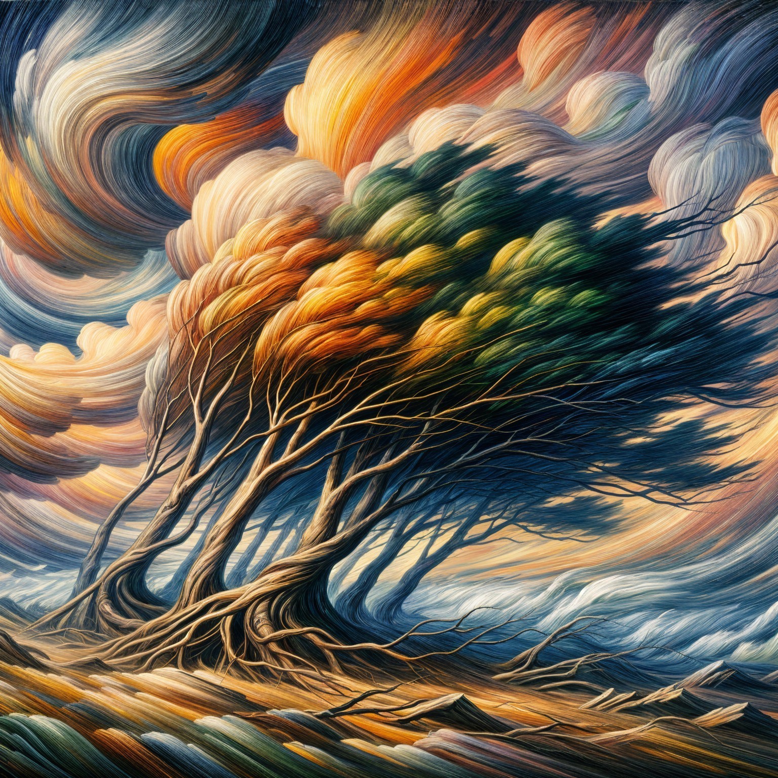 Wind-Swept Trees in Vibrant Colors Against Dramatic Sky