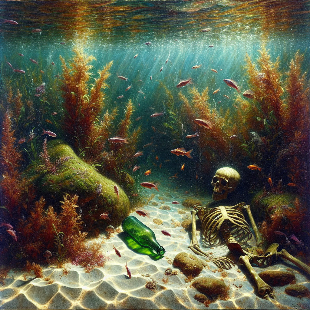 Underwater Scene with Skeleton and Marine Life