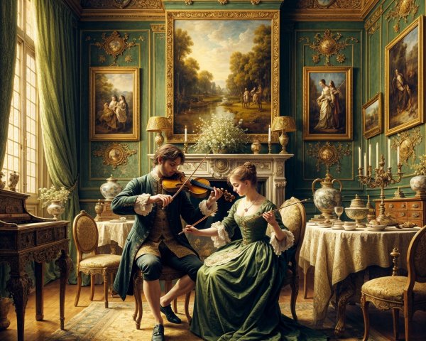 Elegant Room with Violin Performance and Decor