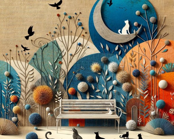 Whimsical Scene with Bench, Cats, and Vibrant Motifs