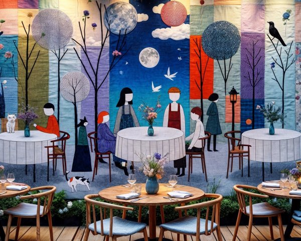 Vibrant Mural with Dining Tables and Fresh Flowers