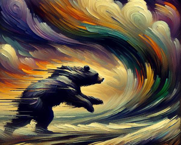 Vibrant Bear Painting with Swirling Waves and Clouds