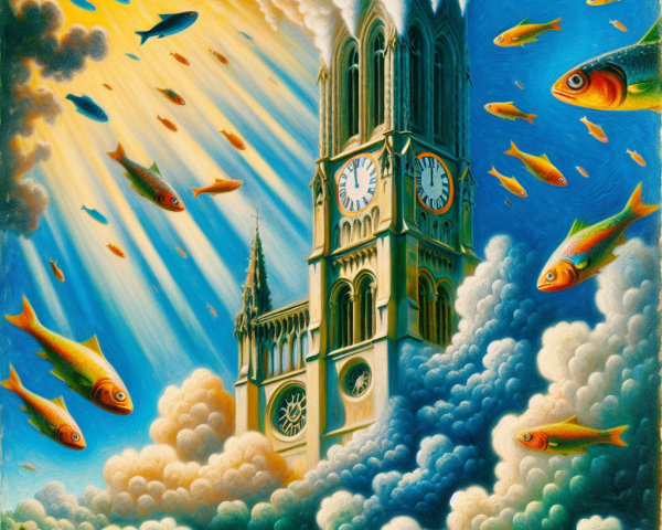 Surreal Clock Tower in Dreamlike Cloudscape Scene