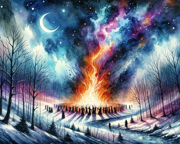 Winter Landscape with Bonfire and Cosmic Sky