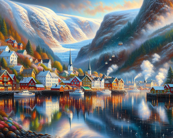 Fjord Scene with Colorful Houses and Snowy Mountains
