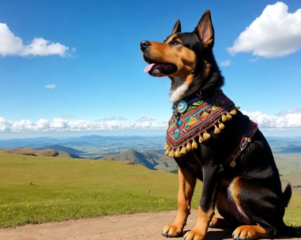Dog on Hilltop with Colorful Shawl and Scenic View
