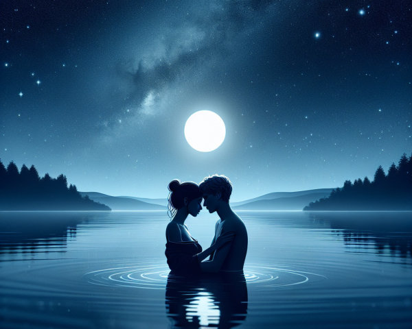 Couple Embracing in Calm Lake Under Full Moon