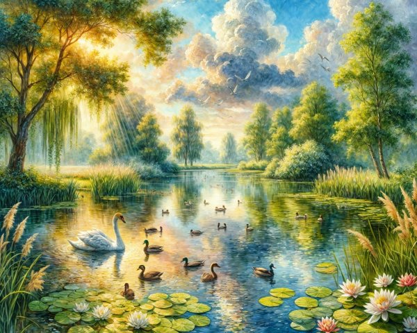 Tranquil Lake Landscape with Lush Greenery and Wildlife