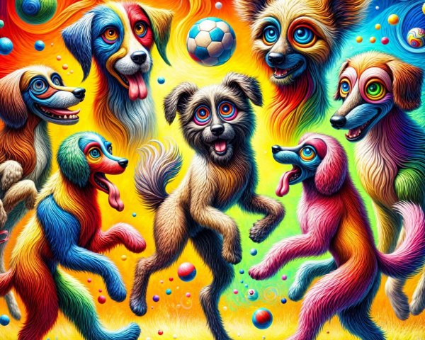 Playful Dogs in Colorful Whimsical Scene with Soccer Ball