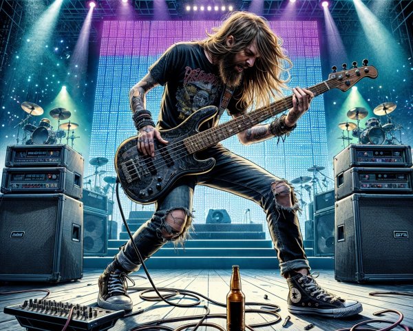 Energetic Bassist Performing on Stage with Amplifiers