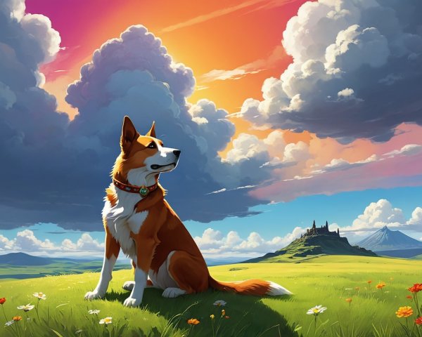 Majestic dog on green hill with sunset and castle