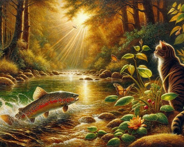 Tranquil Forest Scene by a Shimmering Stream