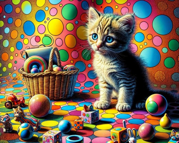 Playful Tabby Kitten with Colorful Toys and Basket