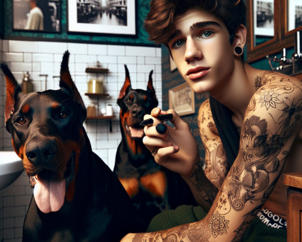 Young man with tattoos and Doberman dogs in cozy room