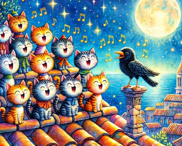 Cheerful Cats Singing on Rooftop Under Starry Sky