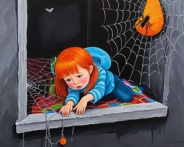 Young Girl with Orange Hair at a Window Scene