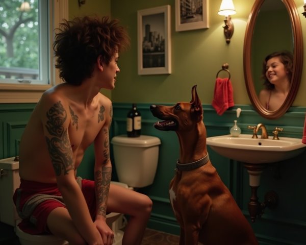 Young man in vintage bathroom with dog and woman