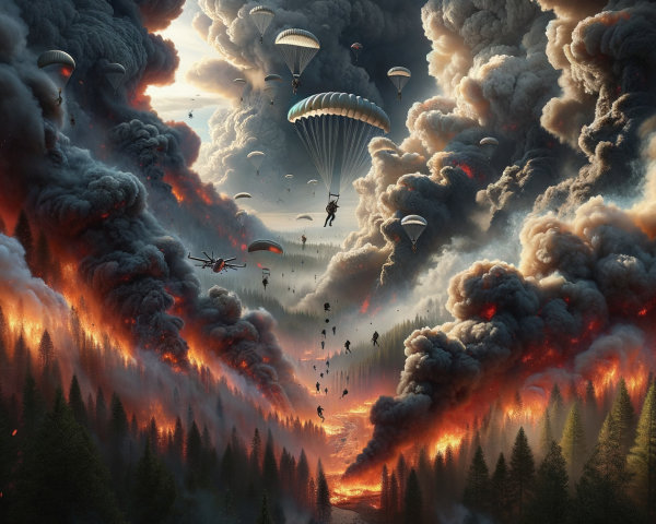 Parachutists Descend Through Smoke and Flames