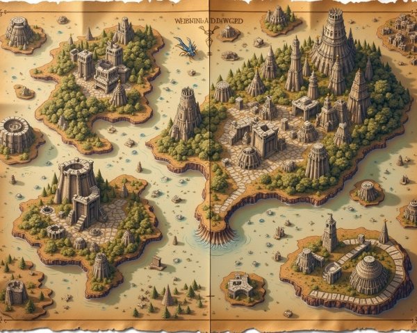 Ancient Map Depicting Two Distinct Regions with Ruins