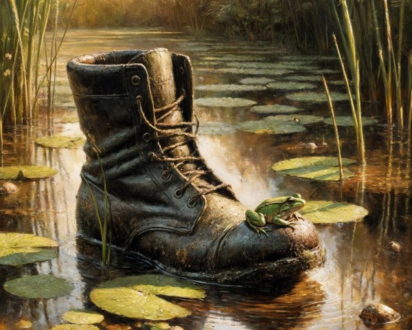 Weathered Black Boot in Tranquil Pond with Frog