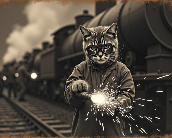 Whimsical Cat Welding with Vintage Trains Backdrop