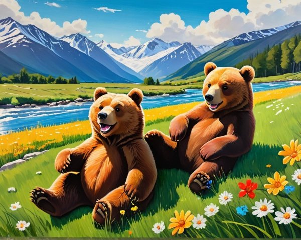 Bears Relaxing in a Colorful Meadow by a River