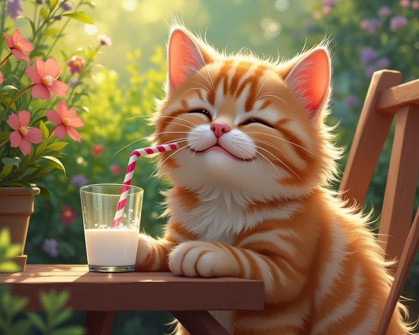 Orange Tabby Kitten Drinking Milk in Garden Setting